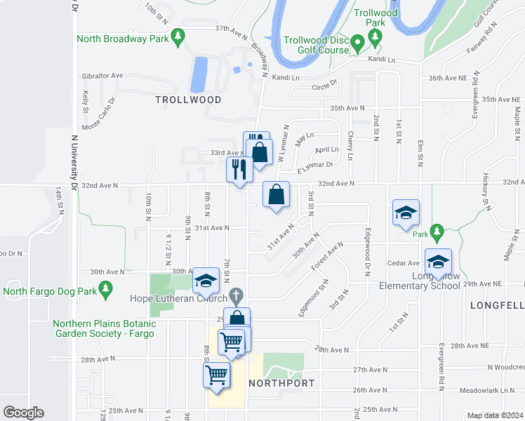 map of restaurants, bars, coffee shops, grocery stores, and more near 3125 Broadway North in Fargo