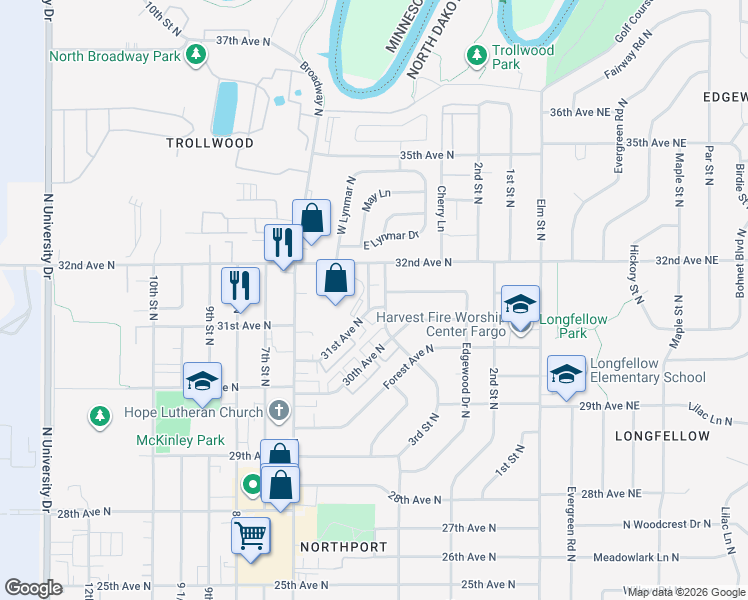 map of restaurants, bars, coffee shops, grocery stores, and more near 3102 3rd Street North in Fargo