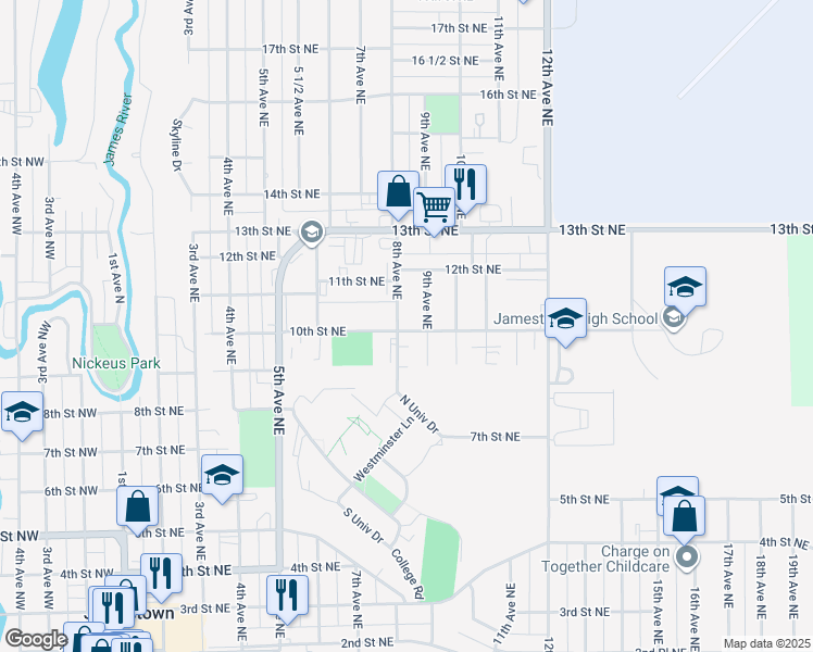 map of restaurants, bars, coffee shops, grocery stores, and more near 1001 9th Avenue Northeast in Jamestown