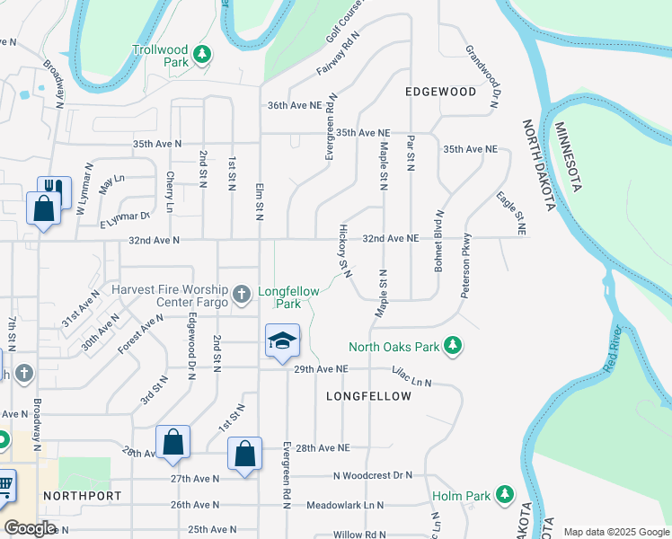 map of restaurants, bars, coffee shops, grocery stores, and more near 3133-3199 Hickory St in Fargo