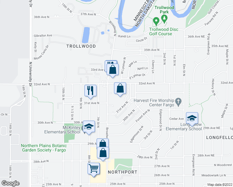 map of restaurants, bars, coffee shops, grocery stores, and more near 3125 Broadway North in Fargo
