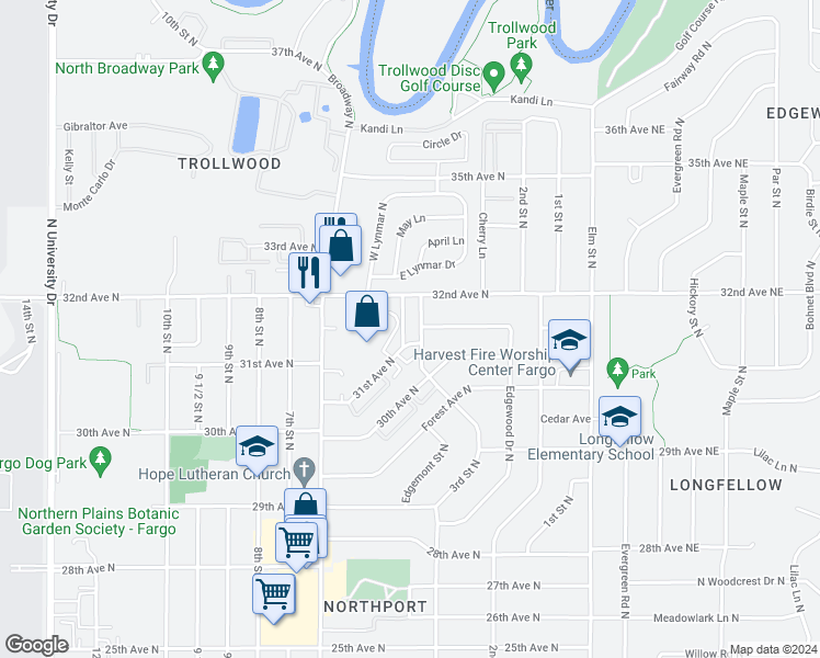 map of restaurants, bars, coffee shops, grocery stores, and more near 3102 3rd Street North in Fargo