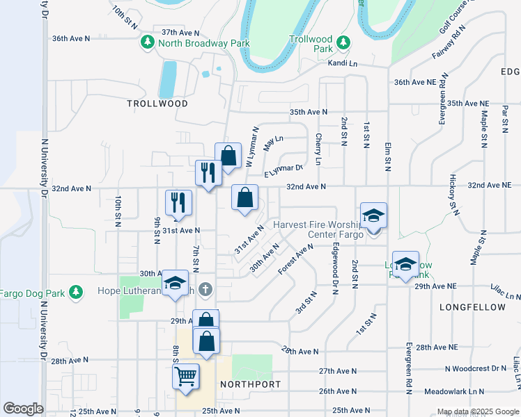 map of restaurants, bars, coffee shops, grocery stores, and more near 3102 3rd Street North in Fargo