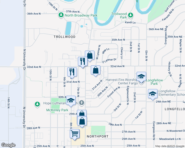 map of restaurants, bars, coffee shops, grocery stores, and more near 3125 Broadway North in Fargo