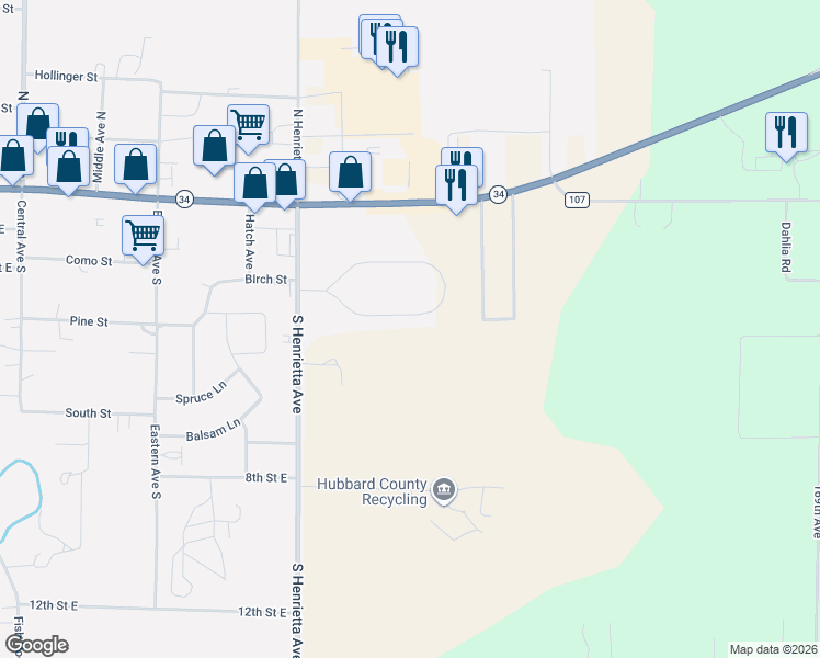 map of restaurants, bars, coffee shops, grocery stores, and more near 16038 Discovery Circle in Park Rapids