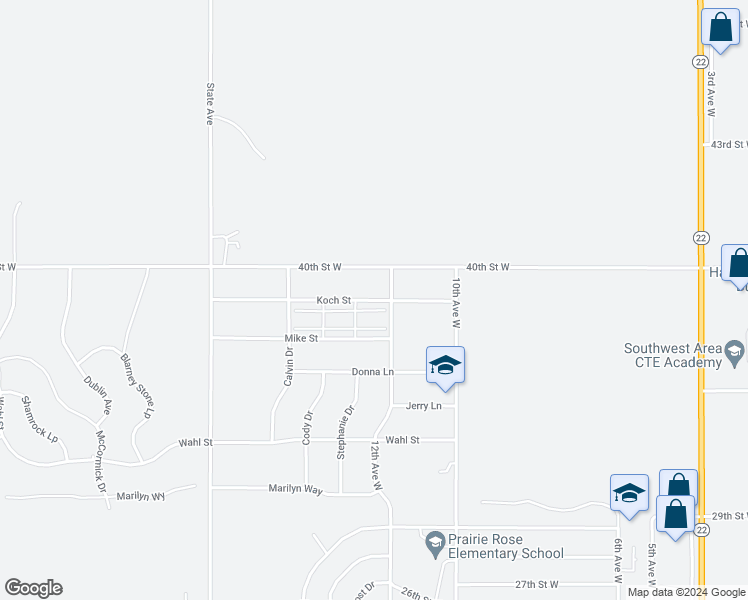 map of restaurants, bars, coffee shops, grocery stores, and more near 1053 Koch Street in Dickinson
