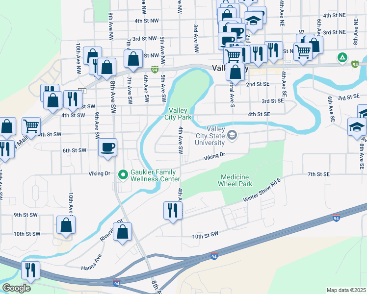map of restaurants, bars, coffee shops, grocery stores, and more near 567 4th Avenue Southwest in Valley City