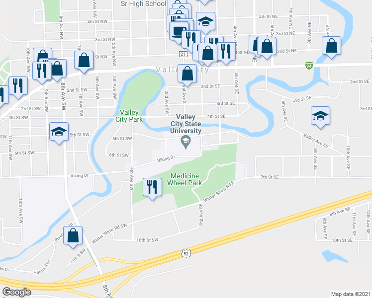 map of restaurants, bars, coffee shops, grocery stores, and more near 101 College Street Southeast in Valley City