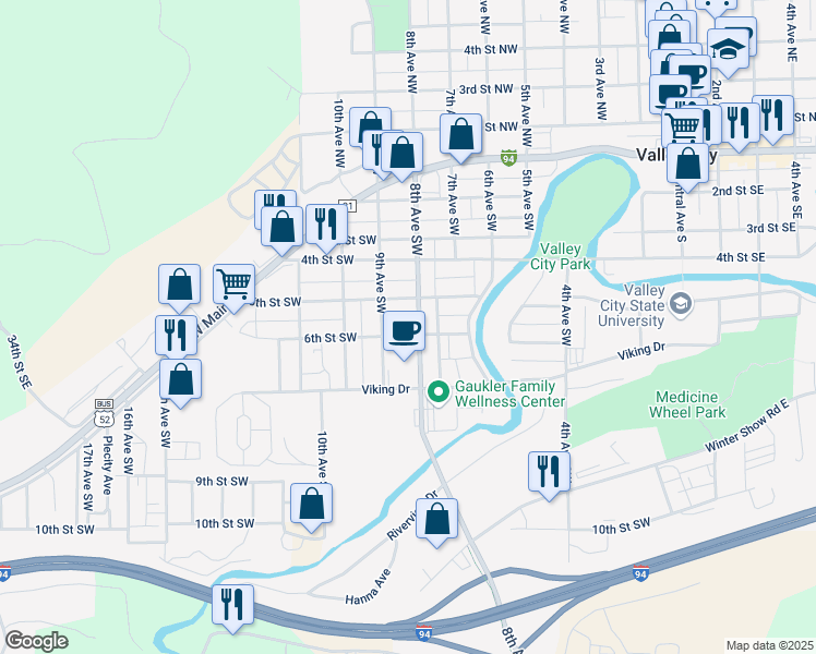 map of restaurants, bars, coffee shops, grocery stores, and more near 798 6th Street Southwest in Valley City