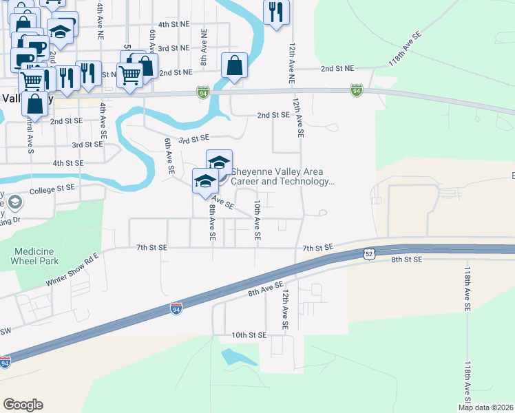 map of restaurants, bars, coffee shops, grocery stores, and more near 540 10th Avenue Southeast in Valley City