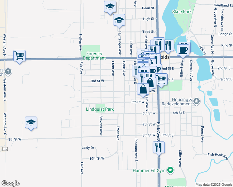 map of restaurants, bars, coffee shops, grocery stores, and more near 408 4th Street West in Park Rapids
