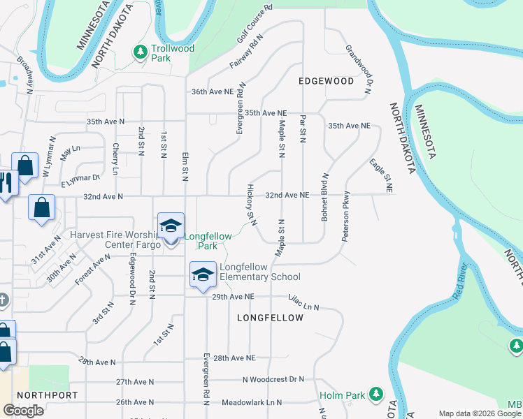 map of restaurants, bars, coffee shops, grocery stores, and more near 3133-3199 Hickory St in Fargo