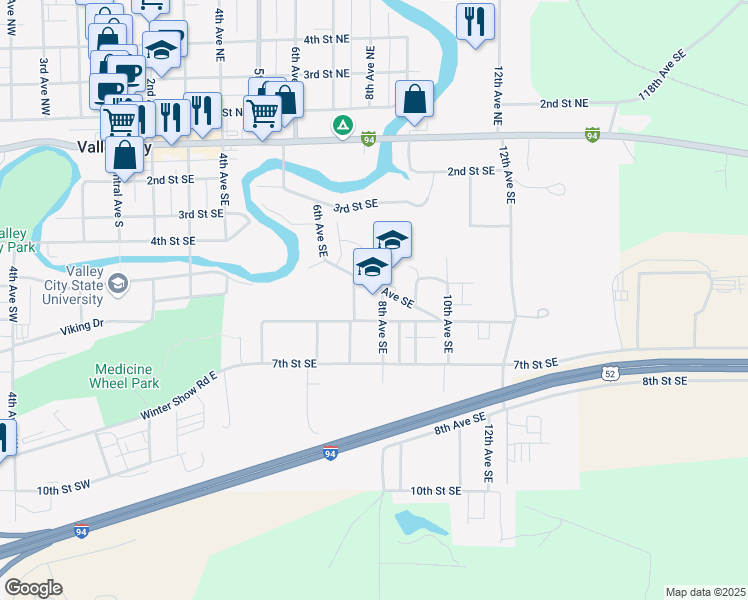 map of restaurants, bars, coffee shops, grocery stores, and more near 510 8th Avenue Southeast in Valley City