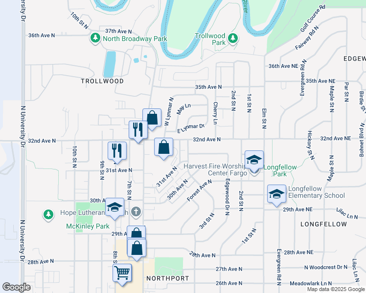 map of restaurants, bars, coffee shops, grocery stores, and more near 3102 3rd Street North in Fargo