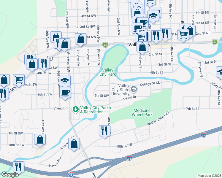 map of restaurants, bars, coffee shops, grocery stores, and more near 567 4th Avenue Southwest in Valley City