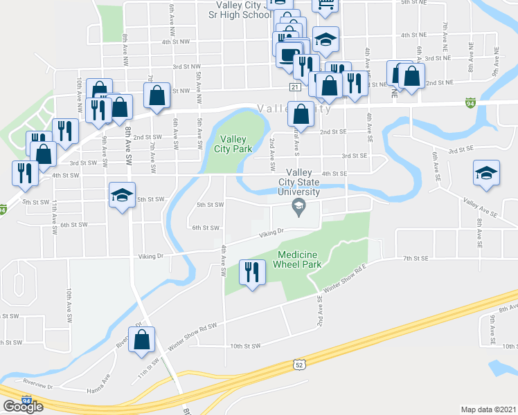 map of restaurants, bars, coffee shops, grocery stores, and more near 230 Viking Drive in Valley City