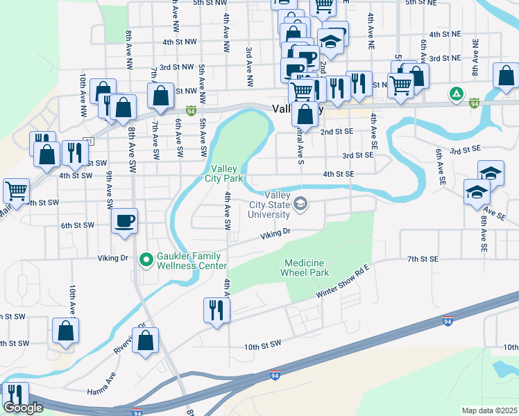 map of restaurants, bars, coffee shops, grocery stores, and more near 230 Viking Drive in Valley City