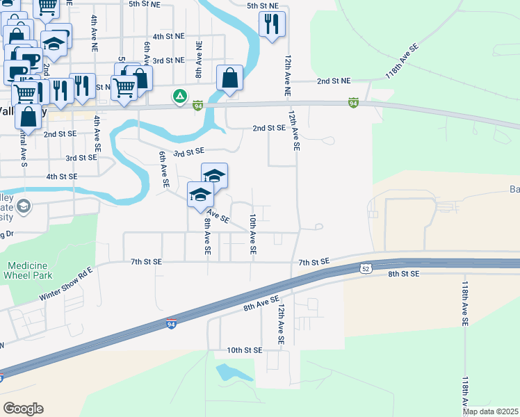 map of restaurants, bars, coffee shops, grocery stores, and more near 1040 5th Street Southeast in Valley City