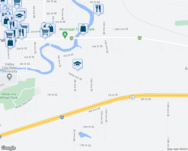 map of restaurants, bars, coffee shops, grocery stores, and more near 540 10th Avenue Southeast in Valley City