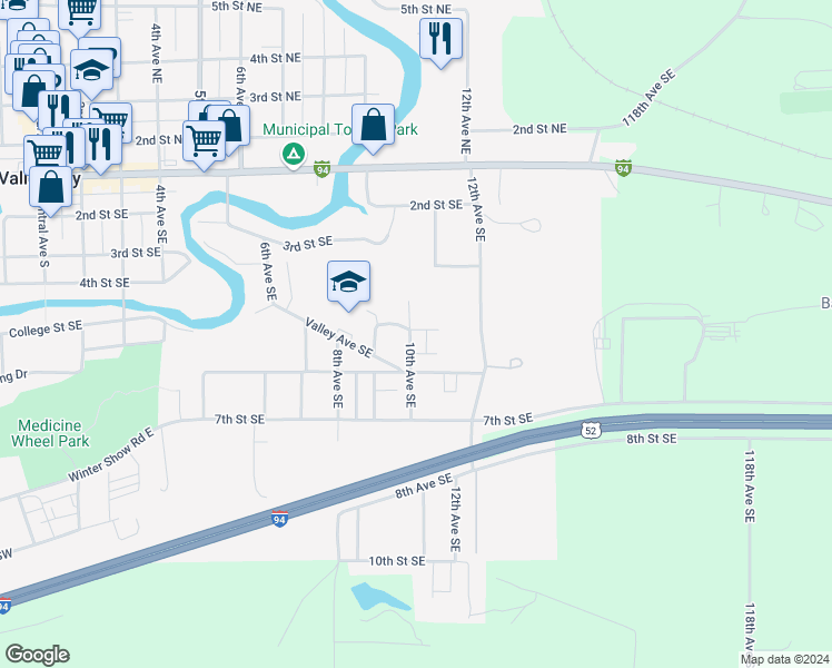 map of restaurants, bars, coffee shops, grocery stores, and more near 540 10th Avenue Southeast in Valley City