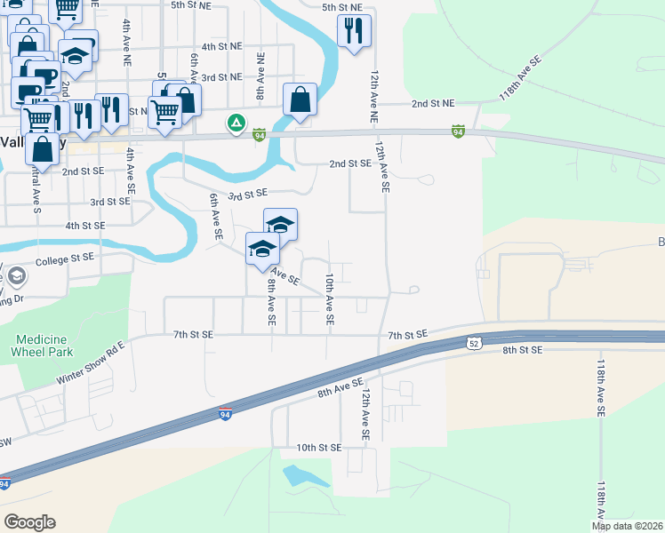 map of restaurants, bars, coffee shops, grocery stores, and more near 540 10th Avenue Southeast in Valley City