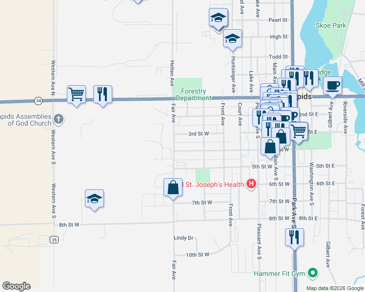 map of restaurants, bars, coffee shops, grocery stores, and more near 620 4th Street West in Park Rapids