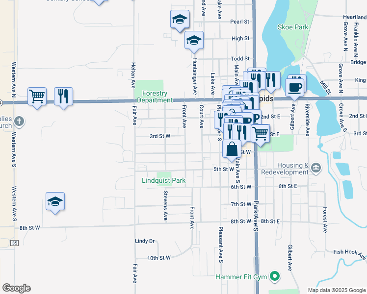 map of restaurants, bars, coffee shops, grocery stores, and more near 301 Court Avenue in Park Rapids