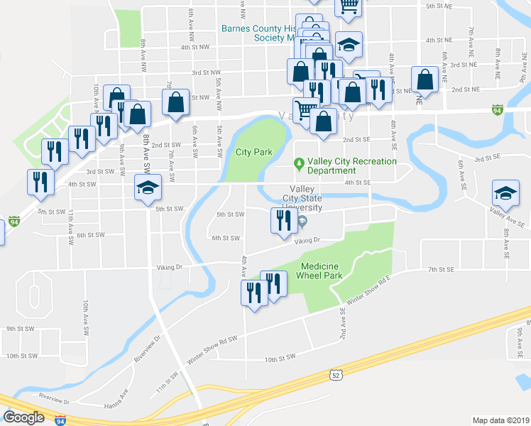 map of restaurants, bars, coffee shops, grocery stores, and more near 259 4th Street Southwest in Valley City