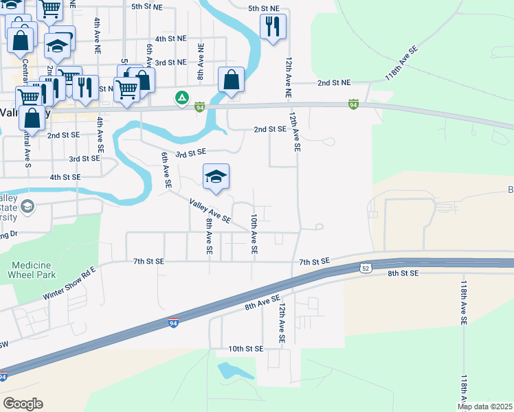 map of restaurants, bars, coffee shops, grocery stores, and more near 1014 5th Street Southeast in Valley City