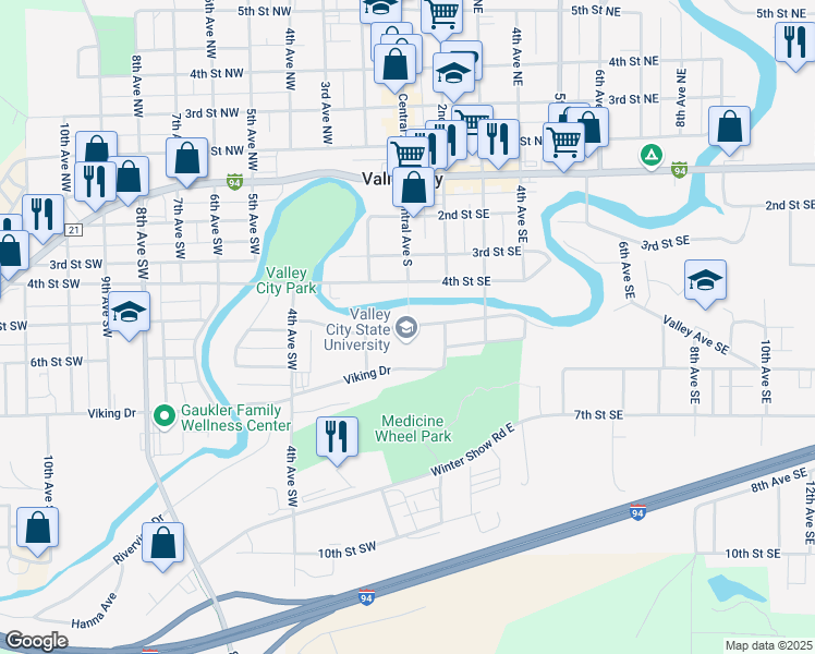 map of restaurants, bars, coffee shops, grocery stores, and more near 101 College Street Southeast in Valley City
