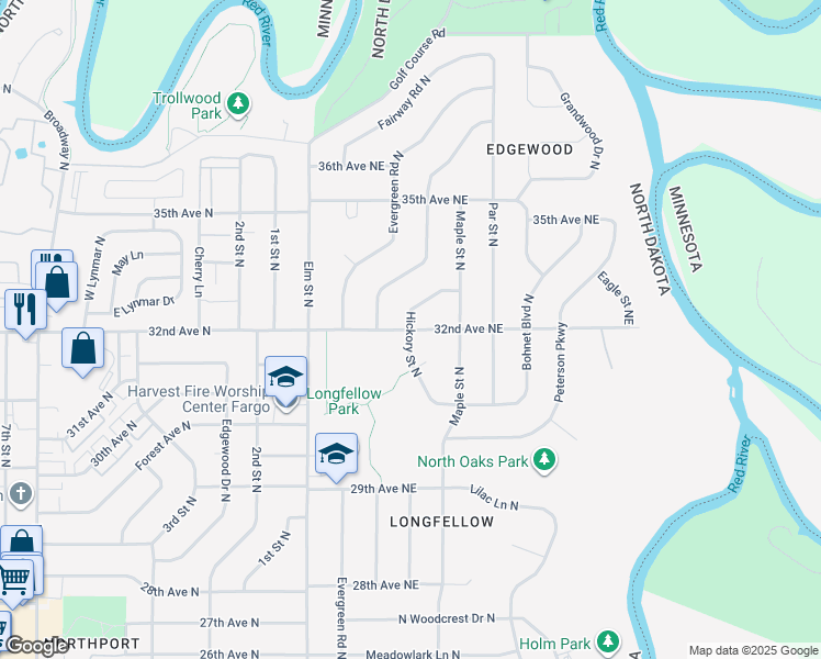 map of restaurants, bars, coffee shops, grocery stores, and more near 3199 Hickory Street in Fargo