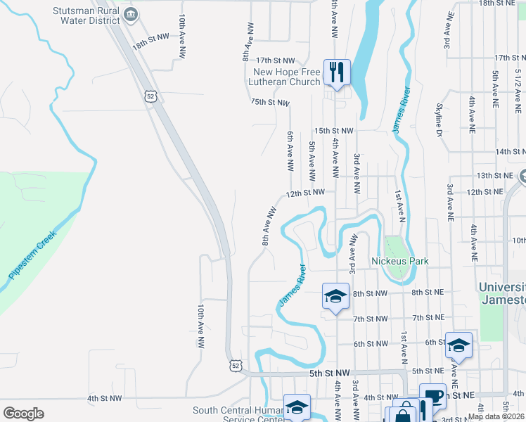 map of restaurants, bars, coffee shops, grocery stores, and more near 1104 9th Avenue Northwest in Jamestown
