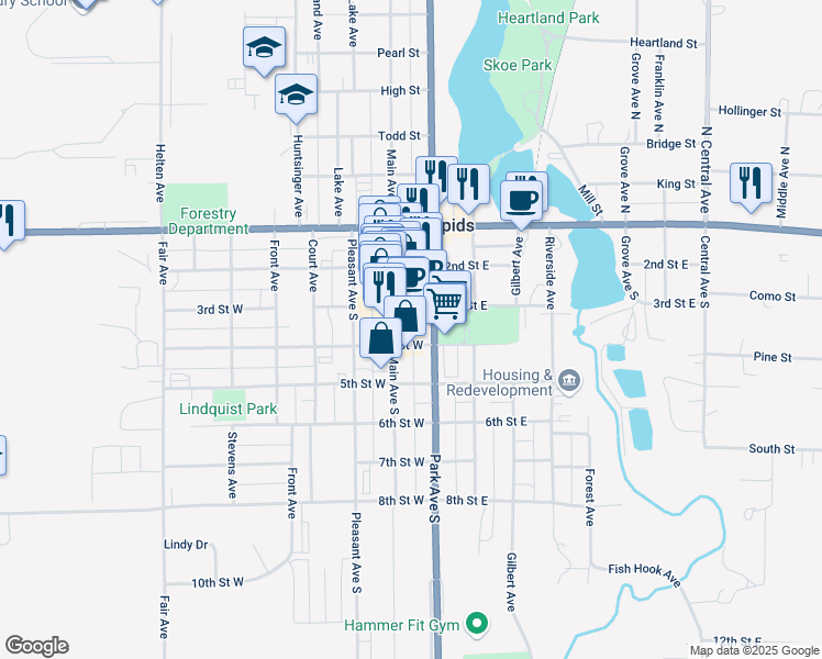 map of restaurants, bars, coffee shops, grocery stores, and more near 176 3rd Street West in Park Rapids
