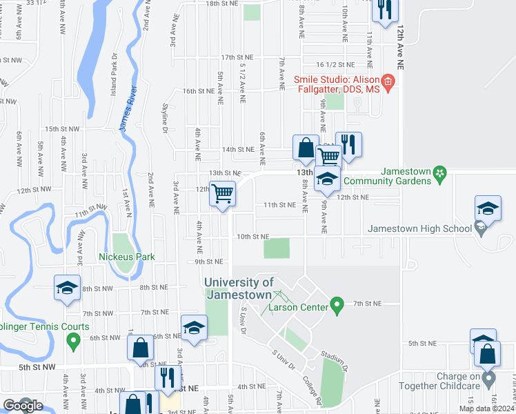 map of restaurants, bars, coffee shops, grocery stores, and more near 1201 6th Avenue Northeast in Jamestown