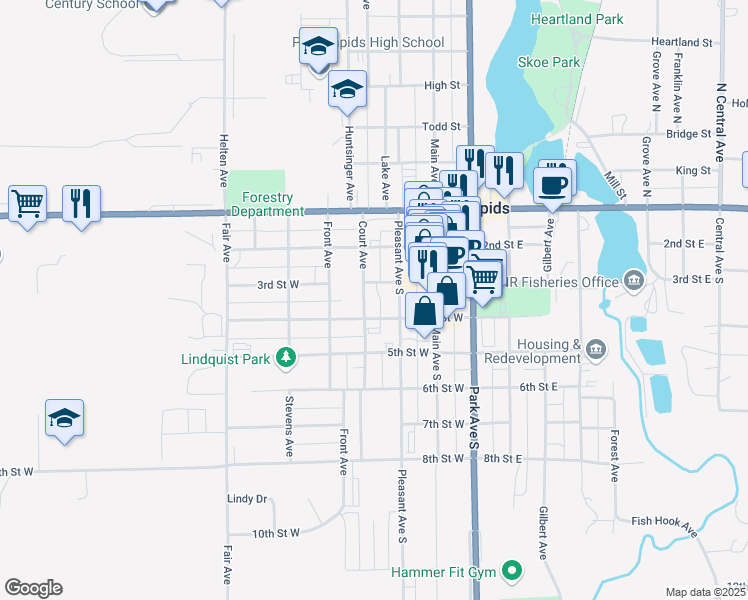 map of restaurants, bars, coffee shops, grocery stores, and more near 300 Court Avenue in Park Rapids