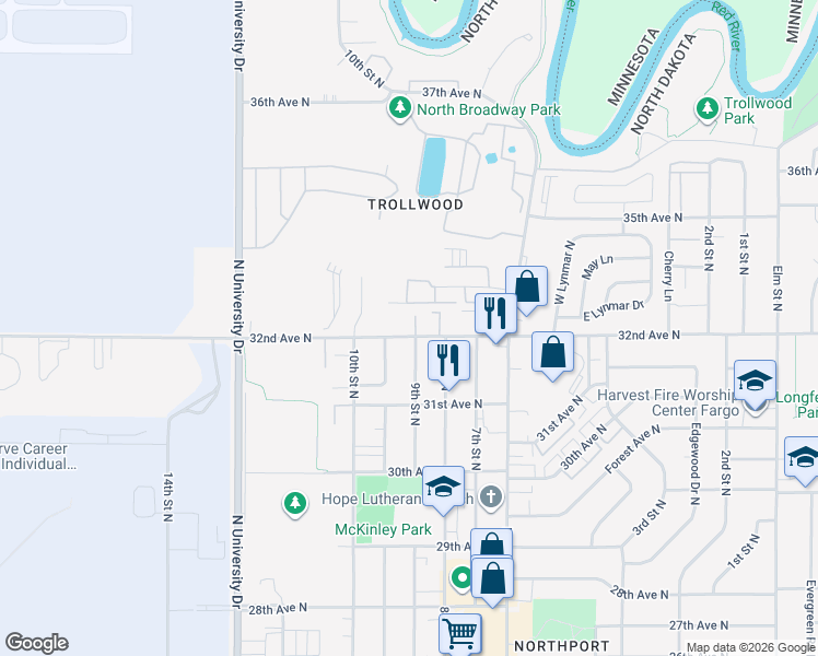 map of restaurants, bars, coffee shops, grocery stores, and more near 827 32nd Avenue North in Fargo