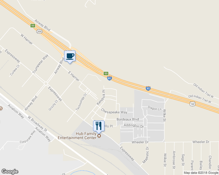 map of restaurants, bars, coffee shops, grocery stores, and more near Interstate 90 in Missoula