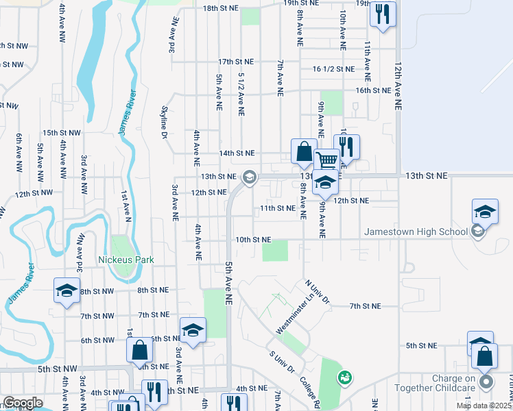 map of restaurants, bars, coffee shops, grocery stores, and more near 1201 6th Avenue Northeast in Jamestown
