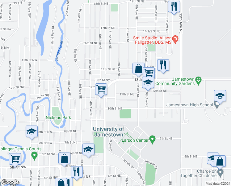 map of restaurants, bars, coffee shops, grocery stores, and more near 1201 6th Avenue Northeast in Jamestown