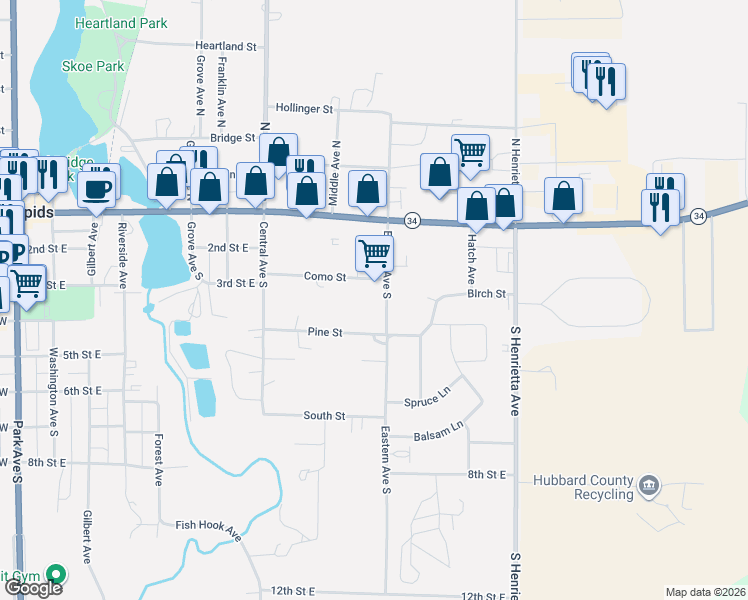 map of restaurants, bars, coffee shops, grocery stores, and more near 301 Eastern Avenue South in Park Rapids