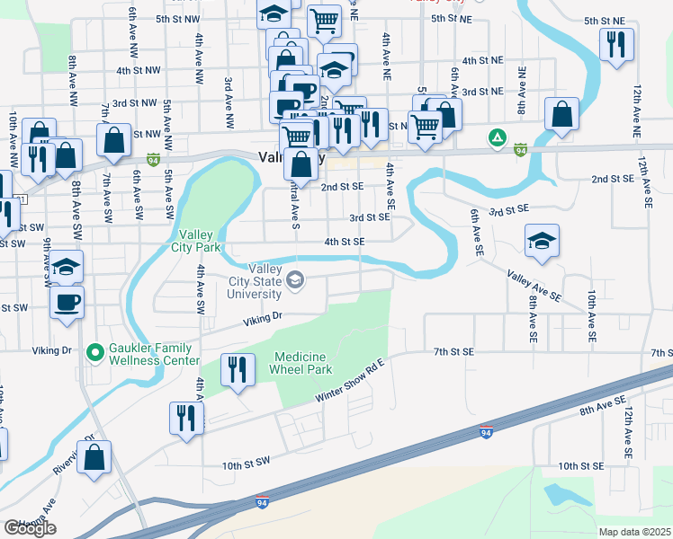 map of restaurants, bars, coffee shops, grocery stores, and more near 225 College Street Southeast in Valley City