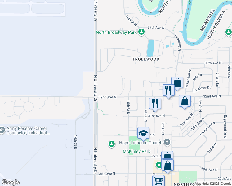 map of restaurants, bars, coffee shops, grocery stores, and more near 1151 32nd Avenue North in Fargo