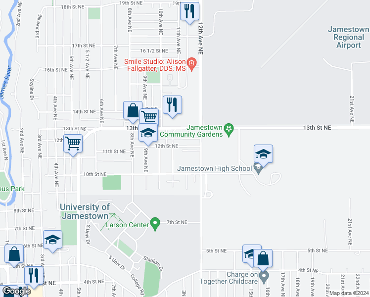 map of restaurants, bars, coffee shops, grocery stores, and more near 1008 12th Street Northeast in Jamestown