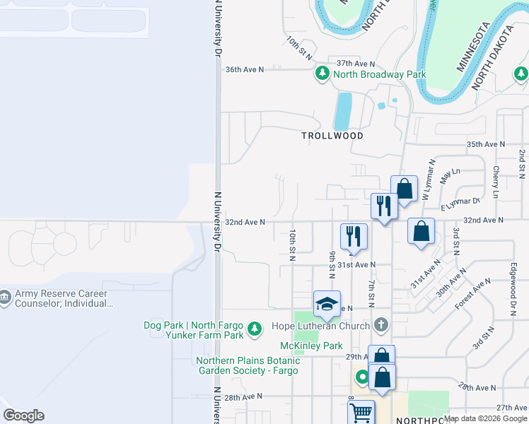 map of restaurants, bars, coffee shops, grocery stores, and more near in Fargo
