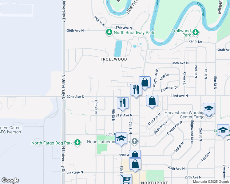 map of restaurants, bars, coffee shops, grocery stores, and more near 827 32nd Avenue North in Fargo