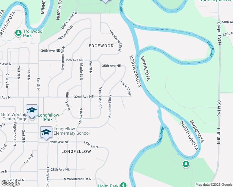 map of restaurants, bars, coffee shops, grocery stores, and more near 3207 Peterson Pkwy N in Fargo