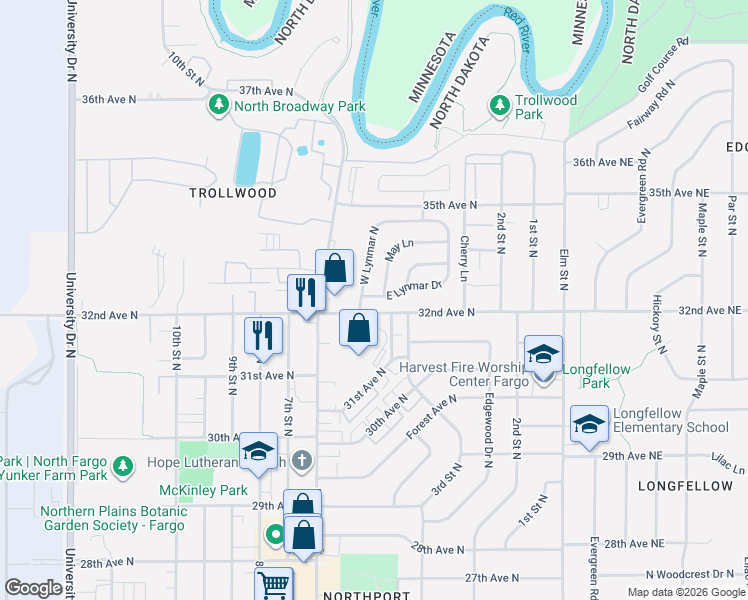 map of restaurants, bars, coffee shops, grocery stores, and more near 1-99 May Ln in Fargo
