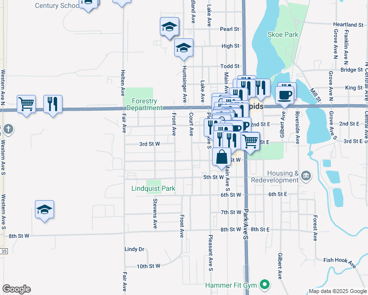 map of restaurants, bars, coffee shops, grocery stores, and more near 301 Court Avenue in Park Rapids