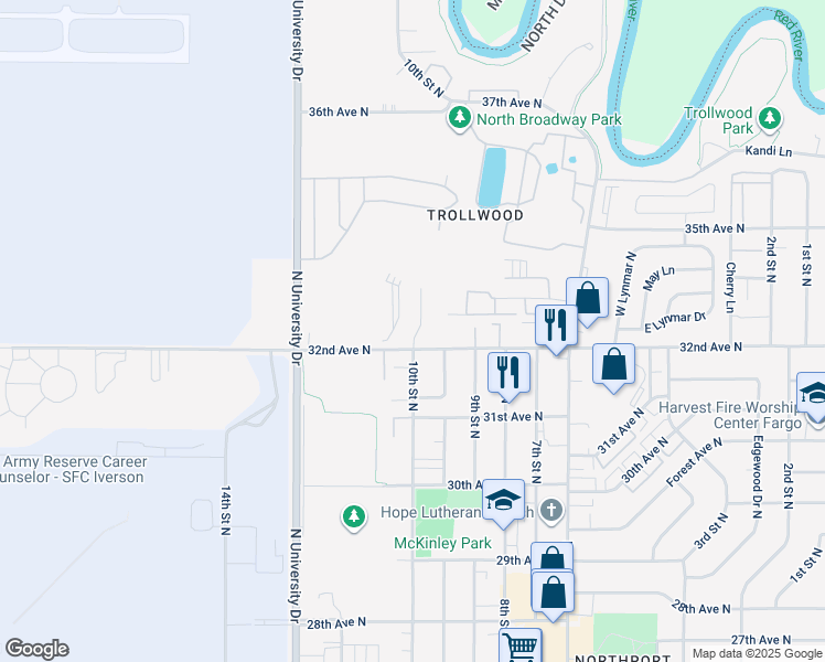map of restaurants, bars, coffee shops, grocery stores, and more near 3216 10th Street North in Fargo