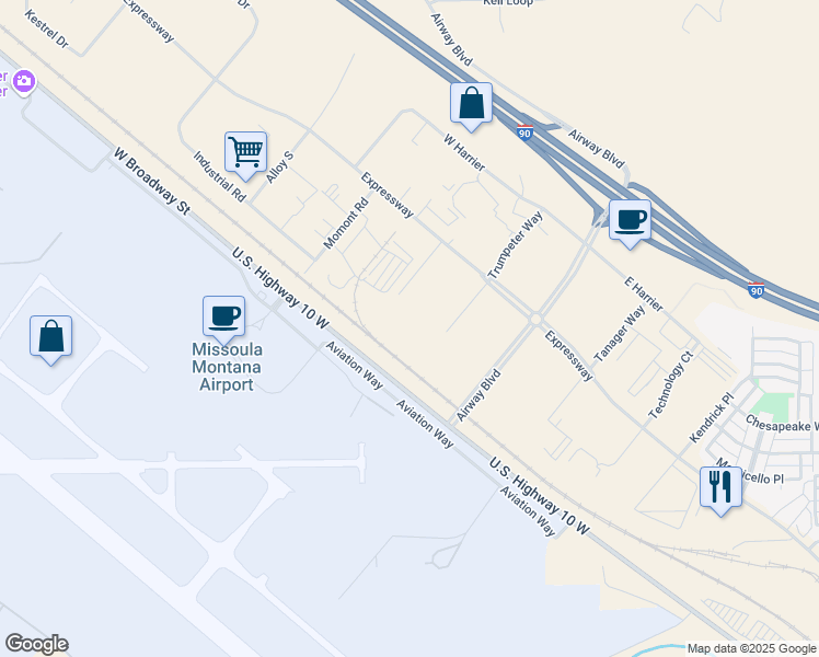 map of restaurants, bars, coffee shops, grocery stores, and more near 5001 Curlew Court in Missoula